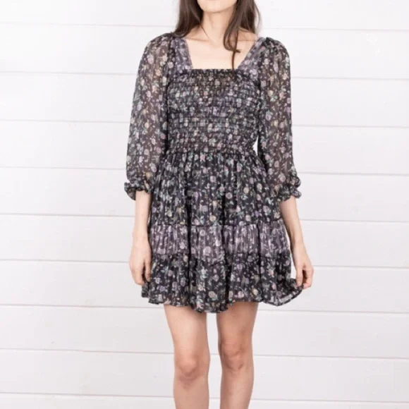 NWT Self Contrast Smocked Floral Mini Dress Long Sleeve XS | Anthropologie - Picture 2 of 7